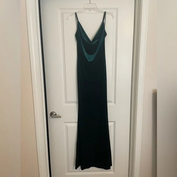 green emerald velvet dress Lilia Sequin Velvet High Slit Column Dress
